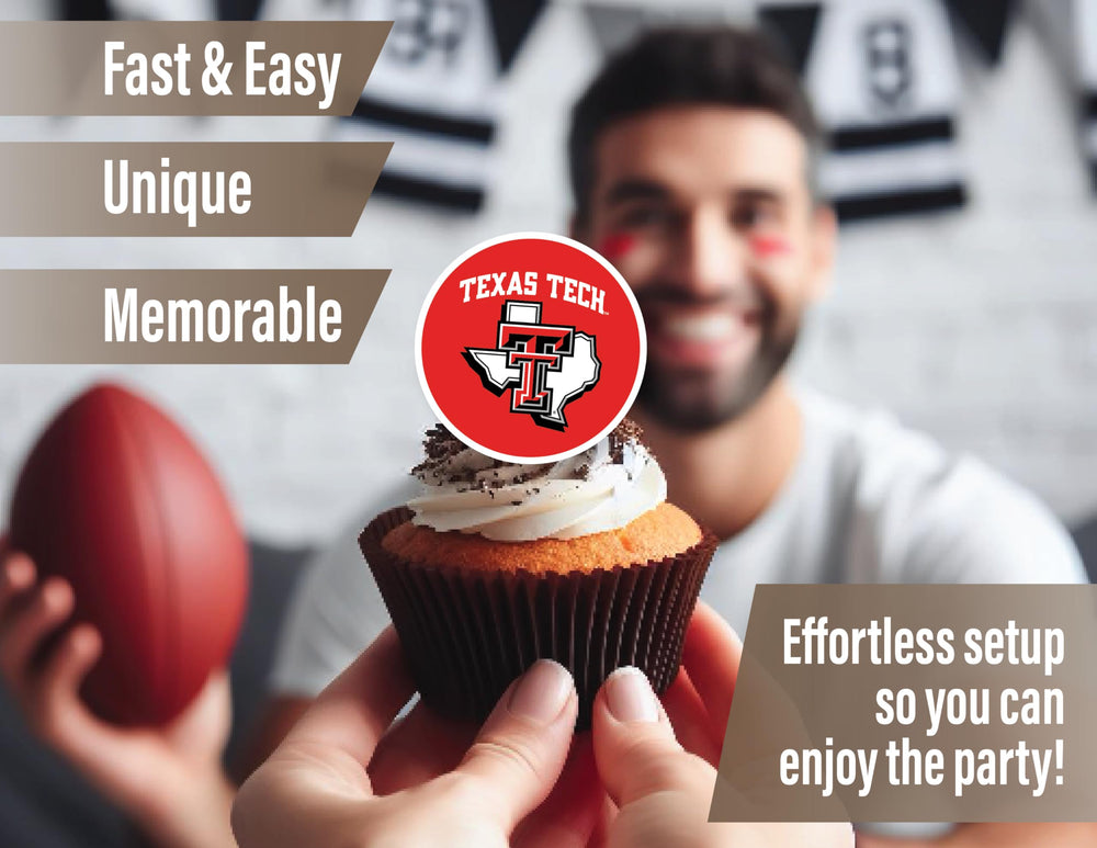 PartyKandy Texas Tech toppers on cupcakes, easy setup for fans at celebrations.