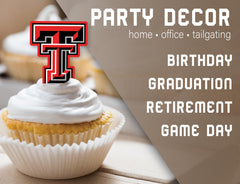 PartyKandy Texas Tech tailgate decorations with toppers, stadium-ready ambiance.