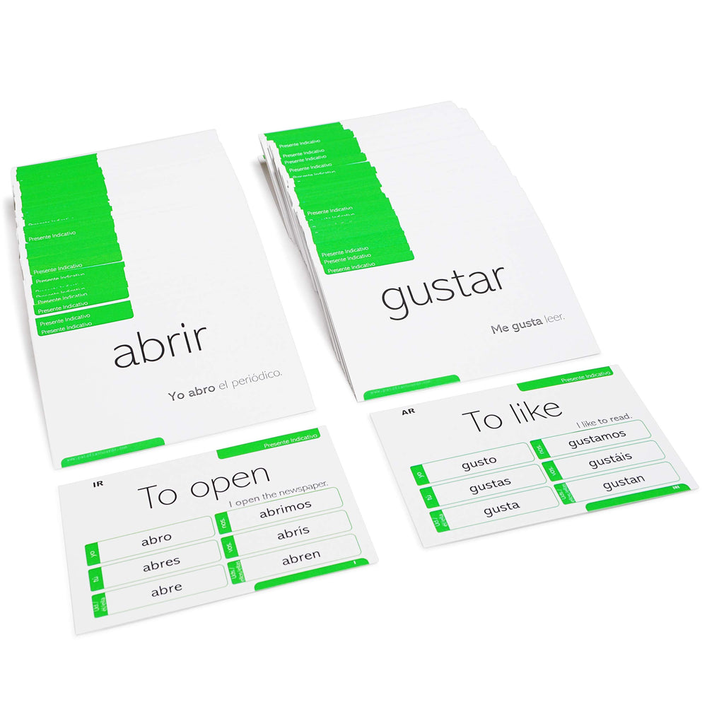 Pat's Flash Cards back shows translations and conjugations for study.