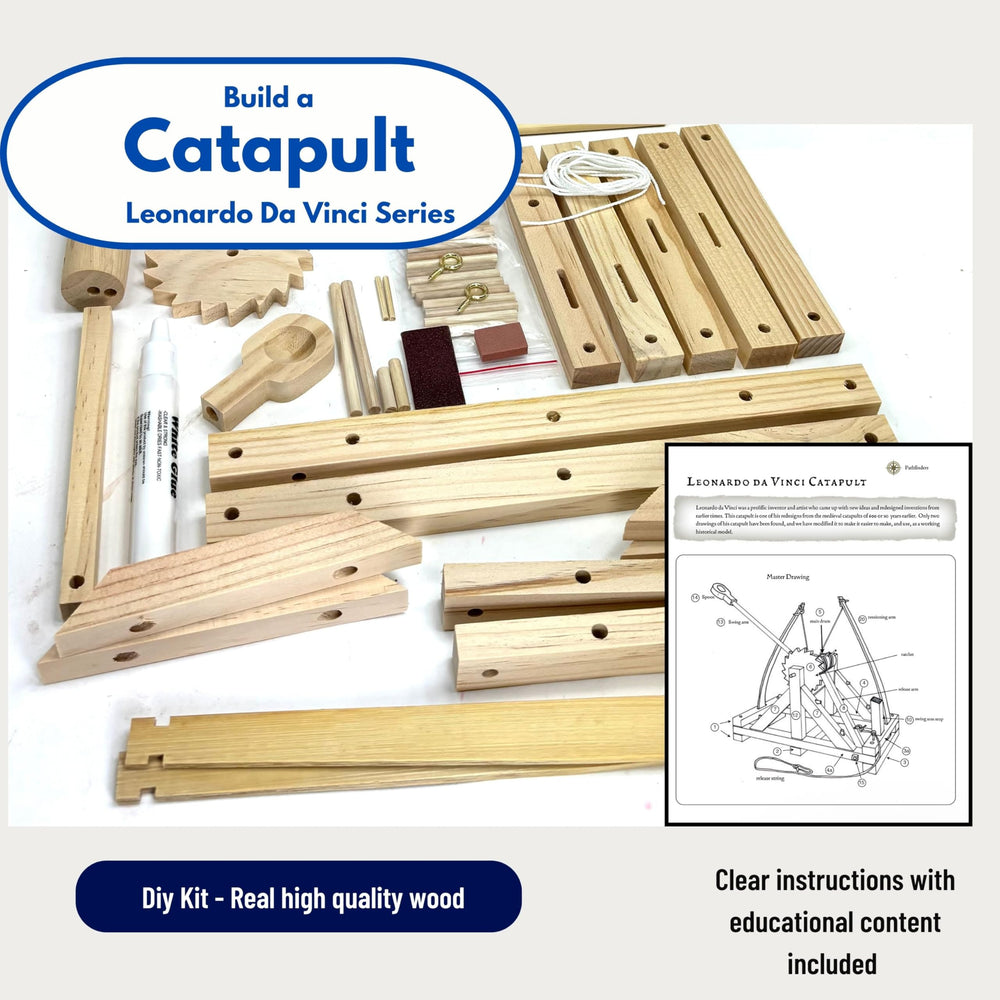 Pathfinders Leonardo da Vinci Catapult tension arm demonstrates stored energy for projectile motion exploration
