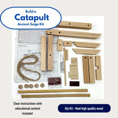 Pathfinders Roman Catapult wood pieces laid out for precise construction.