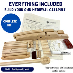 Pathfinders Wooden Catapult Parts laid out for precise construction