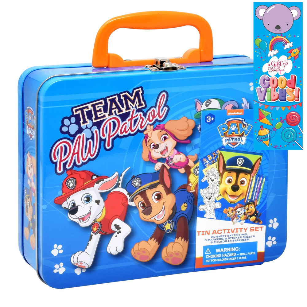 Paw Patrol coloring and activity tin box with stickers for kids' creative play at home.