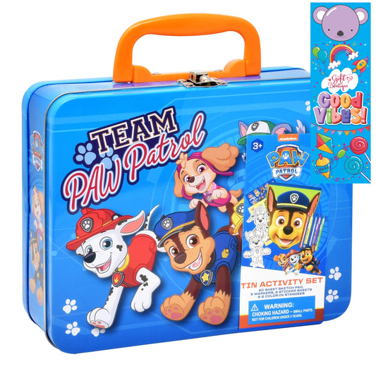 Paw Patrol coloring and activity tin box with stickers for kids' creative play at home.