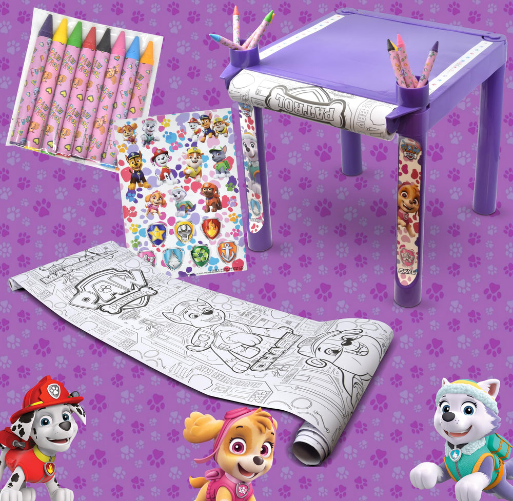 Paw Patrol table includes crayons for immediate coloring fun.