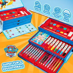 Contents shown include paints, crayons, and markers for organized art sessions.