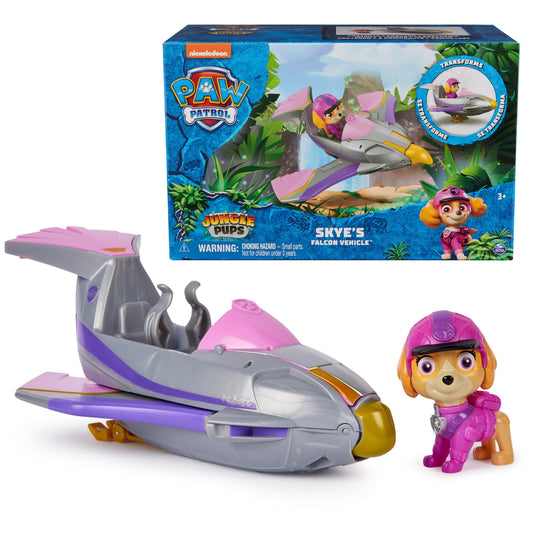 Paw Patrol Jungle Pups Skye falcon vehicle transform with wings extended for rescues.