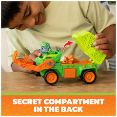 PAW Patrol Rocky Recycler with back compartment open demonstrating secure dino storage