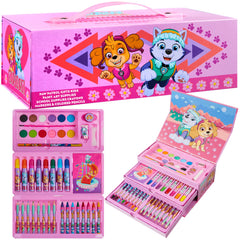 Paw Patrol travel-case art supplies in pink, portable for kids' coloring adventures.