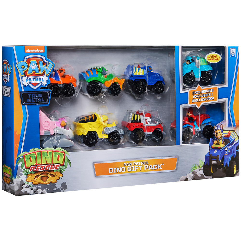 PAW Patrol True Metal Dino Rescue pack back view showing all eight vehicles