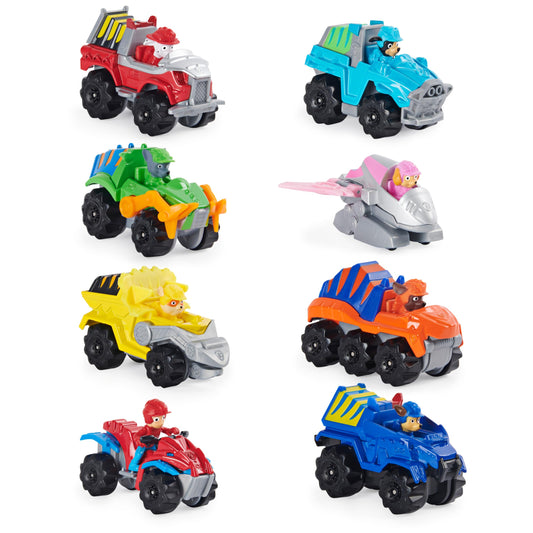 PAW Patrol True Metal Dino Rescue pack front view highlighting eight die-cast vehicles for imaginative play