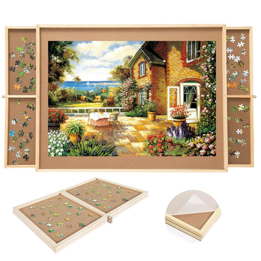 PAZIONMI small puzzle board with drawers keeps pieces organized for easy pausing.