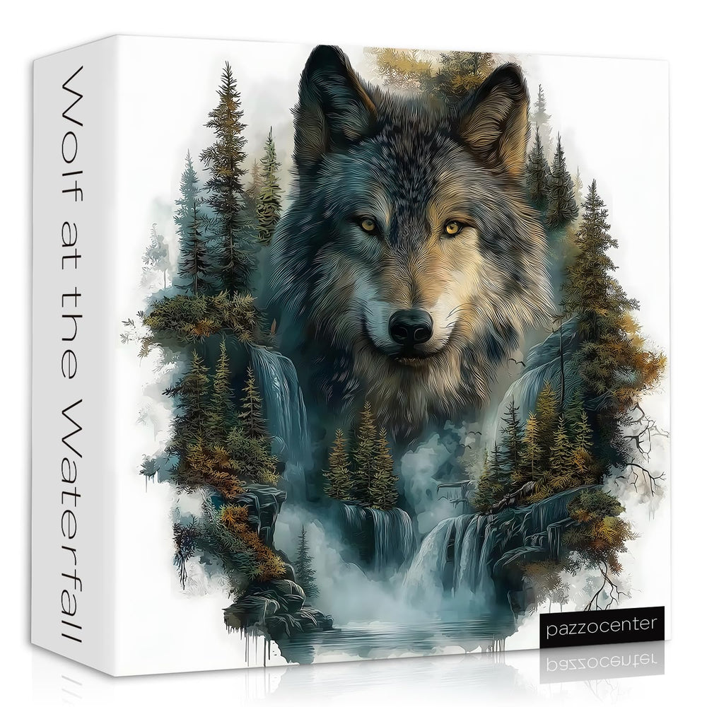 Pazzocenter wolf puzzle box with forest waterfall design for unboxing and setup