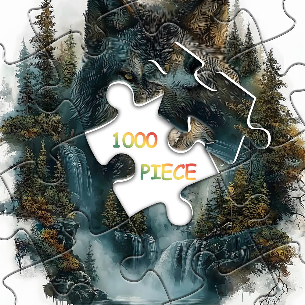 Framed Pazzocenter wolf puzzle display in a cozy living room corner