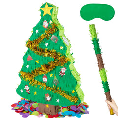 PCFING Christmas tree pinata at center stage, ready to reveal candy.