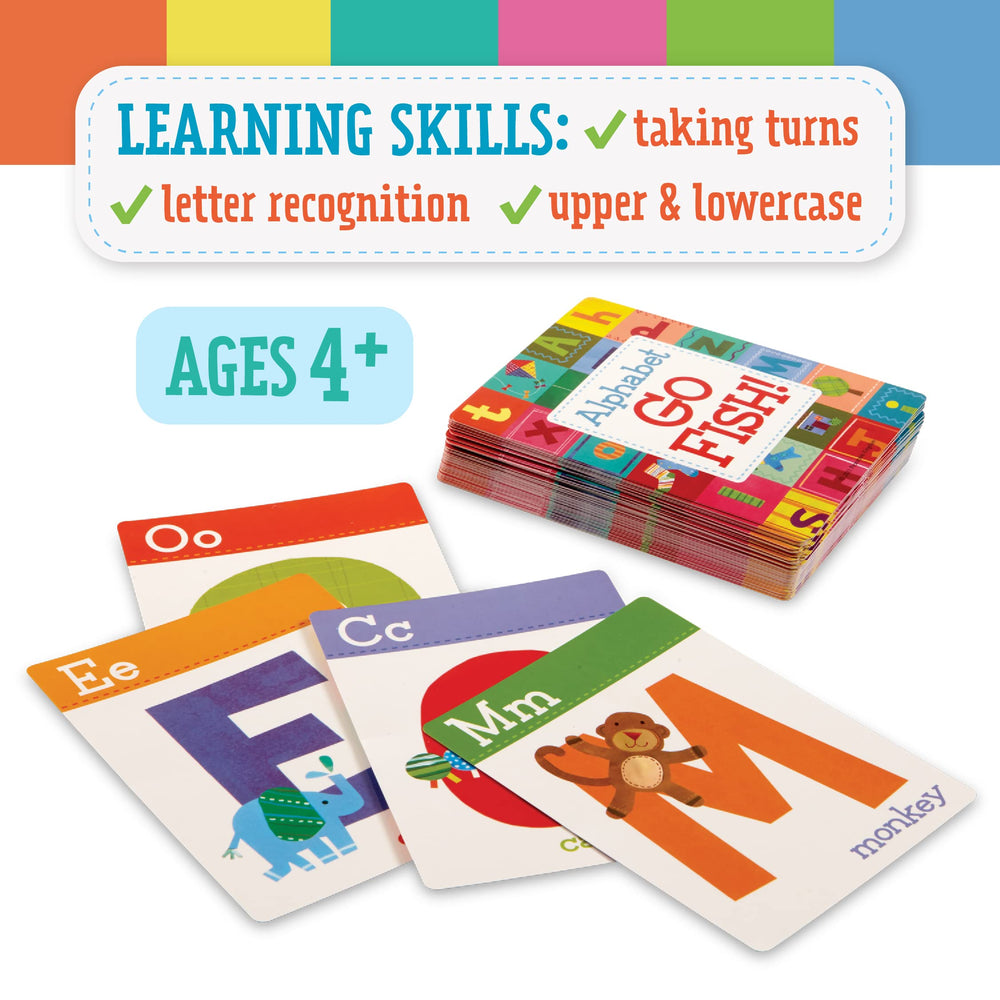Kids enjoy searching for letter pairs in Peaceable Kingdom Alphabet Go Fish to boost memory.