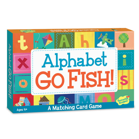 Peaceable Kingdom Alphabet Go Fish cards show capital and lowercase letters with artwork for early literacy.