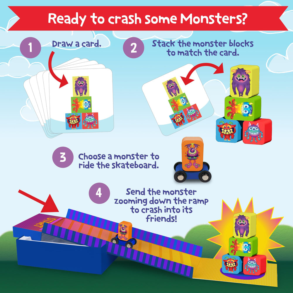 Peaceable Kingdom Crash Monsters skateboard action shows ramp play for active fun.