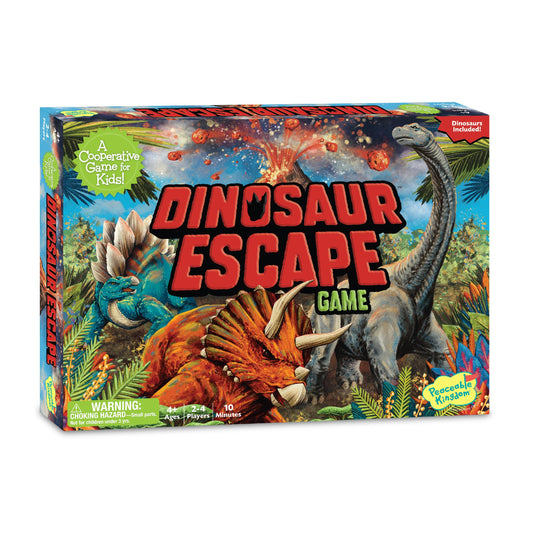 Peaceable Kingdom Dinosaur Escape board promotes cooperative play and turn-taking.