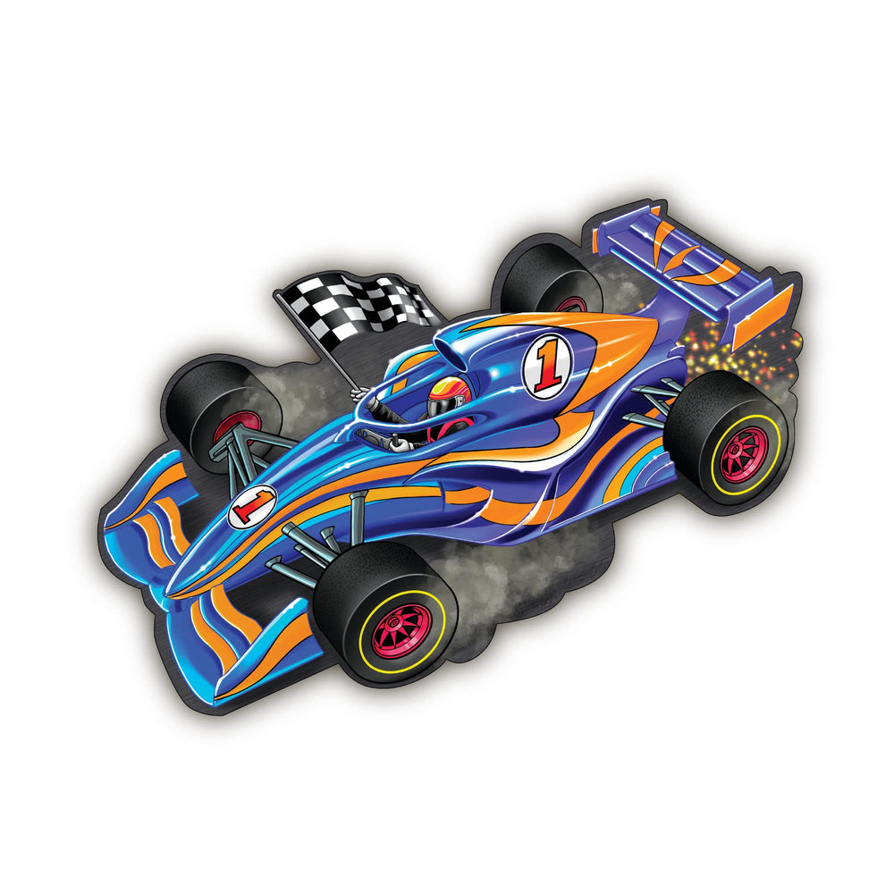 Peaceable Kingdom foil-accented pieces in a racecar puzzle support fine-motor skills.