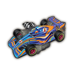 Peaceable Kingdom foil-accented pieces in a racecar puzzle support fine-motor skills.
