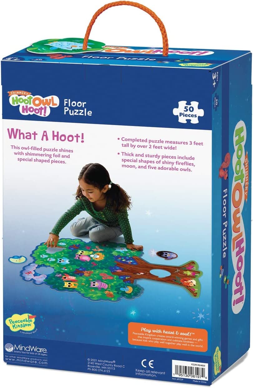 Peaceable Kingdom Hoot Owl Hoot 47-piece puzzle supports ages five and up