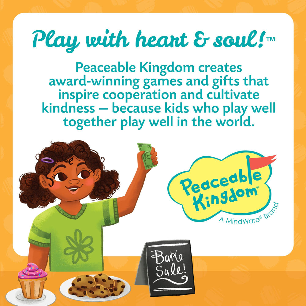 Peaceable Kingdom Money Bunch dollar bills and quarters offer tangible learning cues.