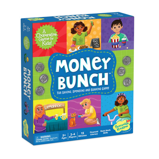 Peaceable Kingdom Money Bunch game board promotes cooperative play to fund a playground.