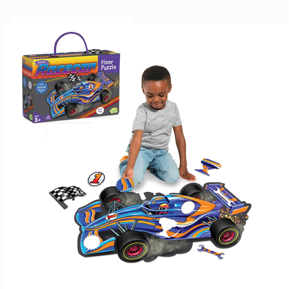 Peaceable Kingdom Racecar floor puzzle with foil accents promotes visual recognition and cooperative play.