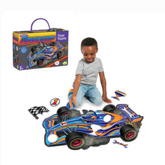 Peaceable Kingdom Racecar floor puzzle with foil accents promotes visual recognition and cooperative play.