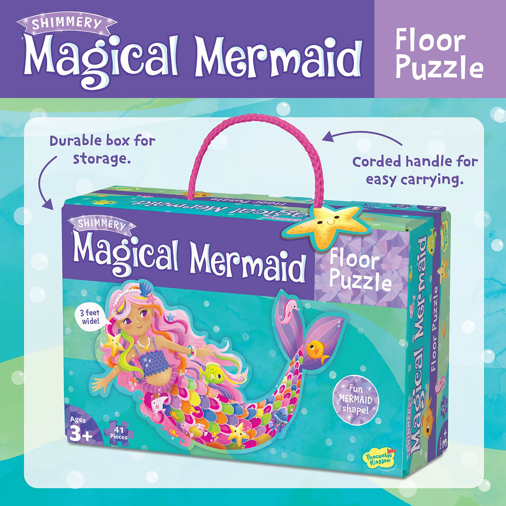 Peaceable Kingdom Shimmery Magical Mermaid Floor Puzzle large size enables shared play.