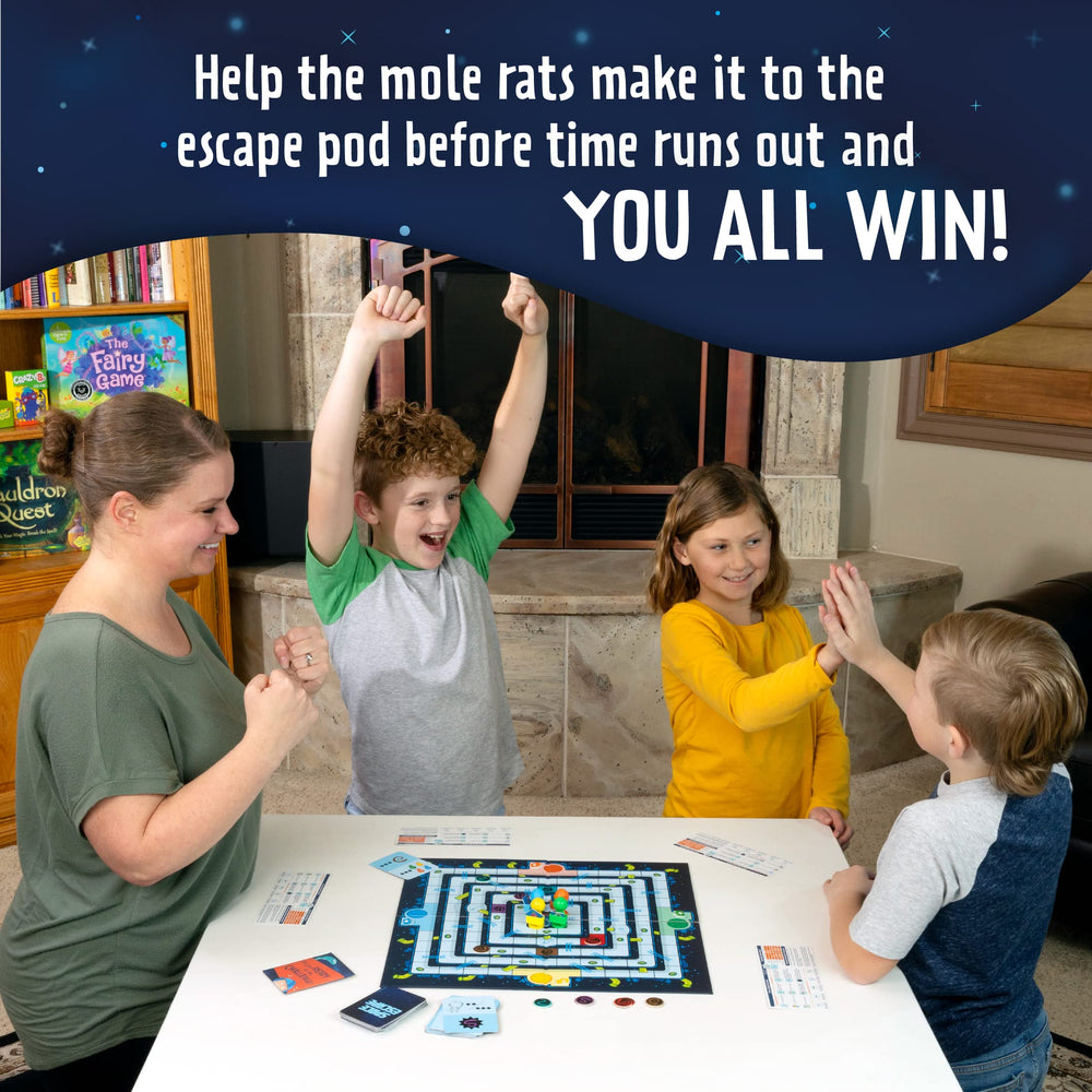Peaceable Kingdom Space Escape Mole Rat movers guiding players around the board.
