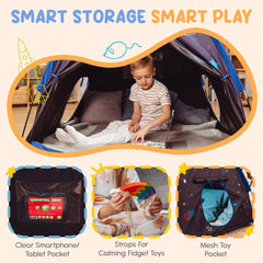 Peaceful Playtime blackout tent inside pocket provides convenient storage and calm space.
