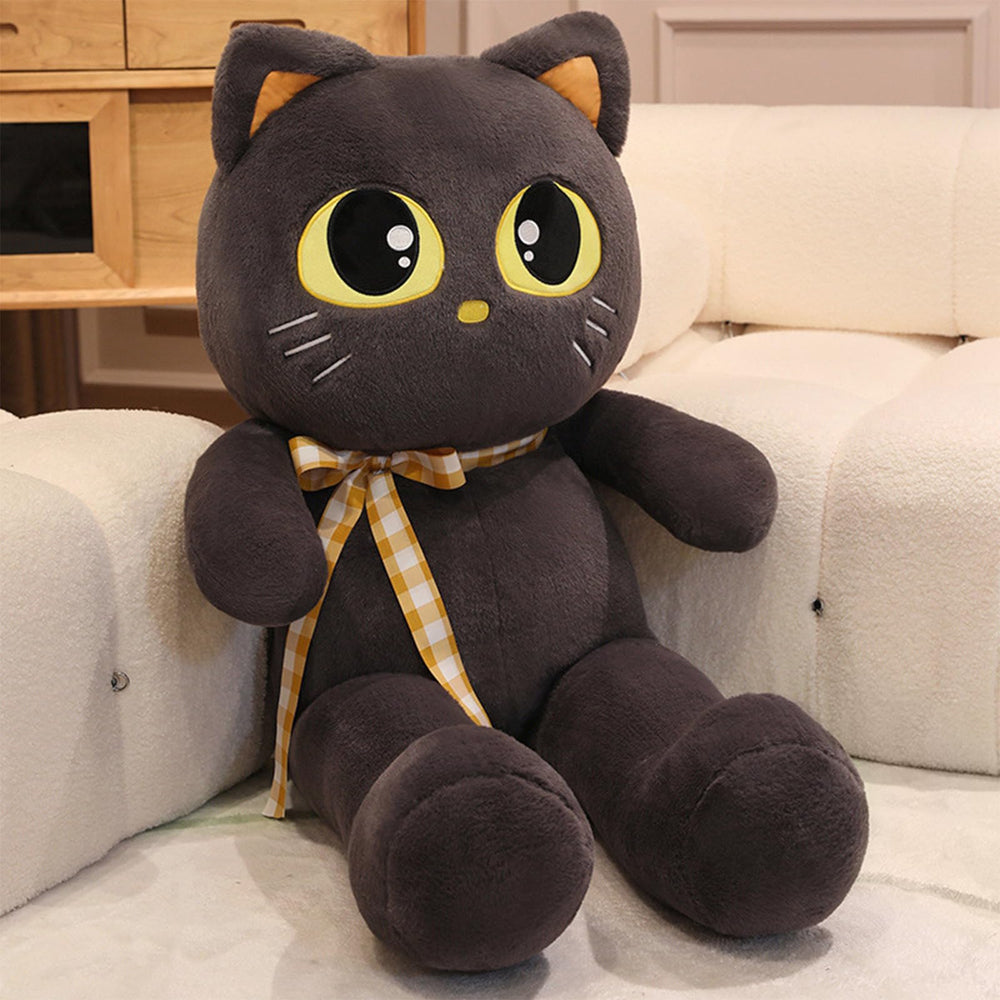 Peach Cat 23.6-inch grey cat plush, front view, ideal as a cozy reading companion