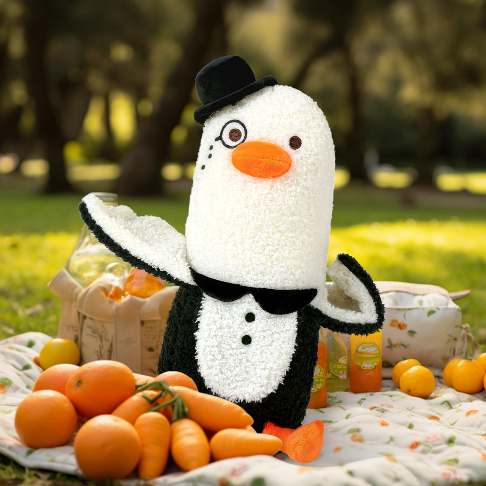 PEACH CAT banana duck plush full view, kid-friendly playmate