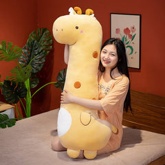 Close-up of elastic stuffed giraffe showing durable stitching and fill