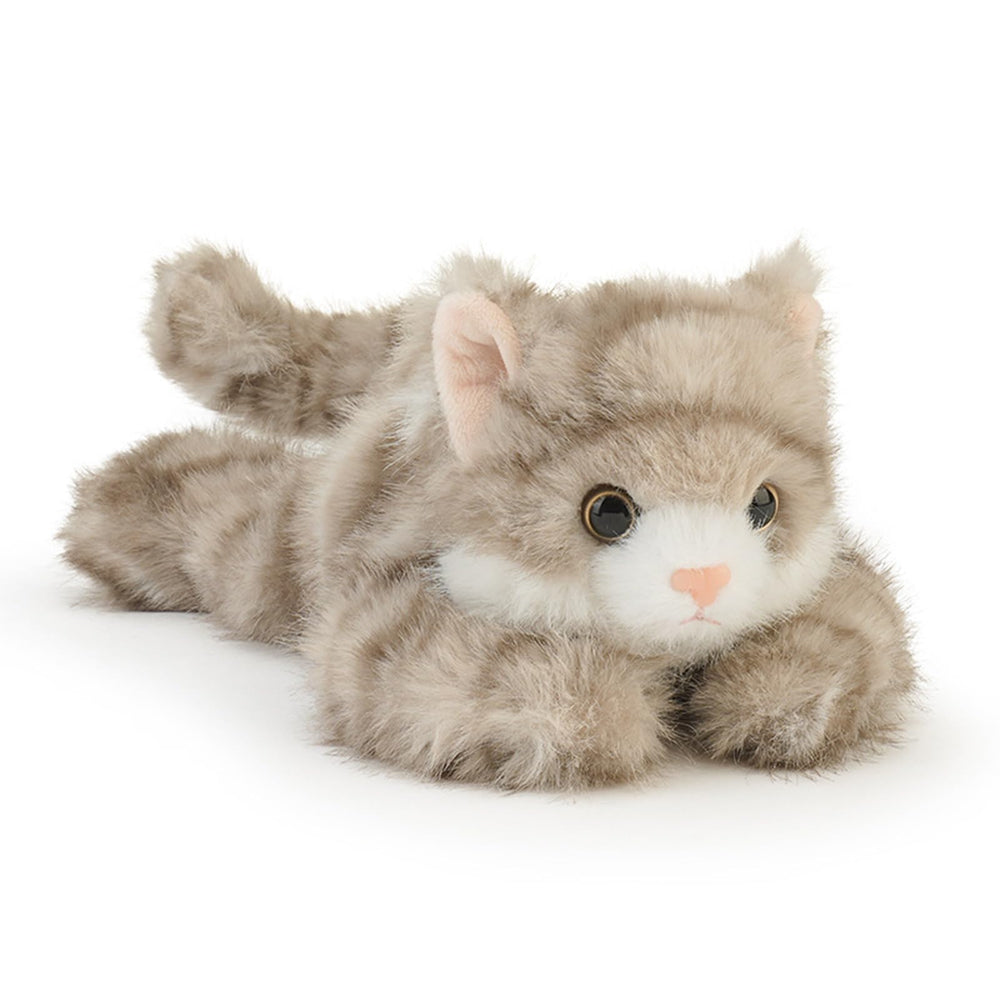 PEACH CAT grey cat stuffed animal close-up shows soft plush for cuddles.