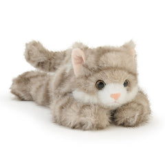 PEACH CAT grey cat stuffed animal close-up shows soft plush for cuddles.