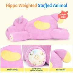 PEACH CAT hippo weighted stuffed animal side view provides warm support during TV time