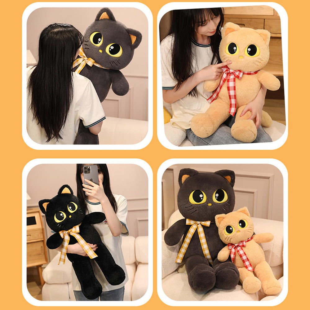 Peach Cat large grey plush in a cozy bedroom setting, inviting relaxation
