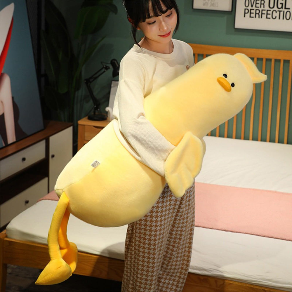 PEACH CAT long duck plush pillow in yellow for cozy cuddles and decor.