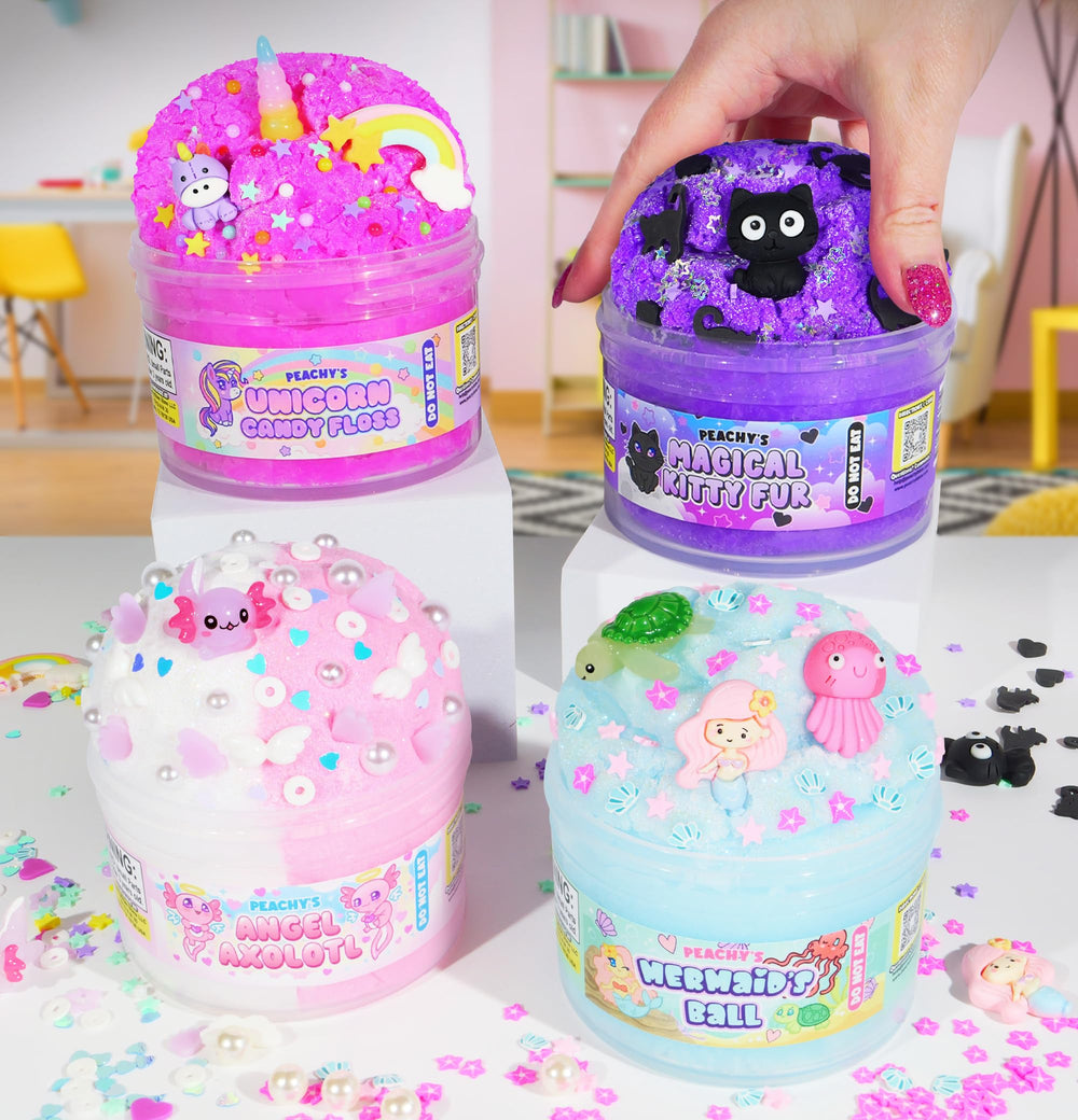 Peachybbies Add-Ins collage highlights charms and glitter for customizable textures.