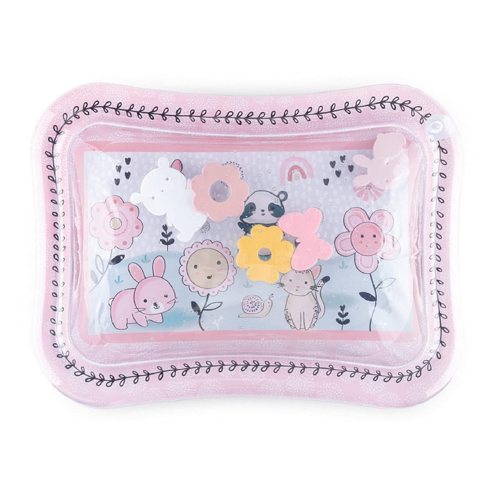 The Peanutshell Happy Garden tummy time water mat with floating animals for baby sensory play.