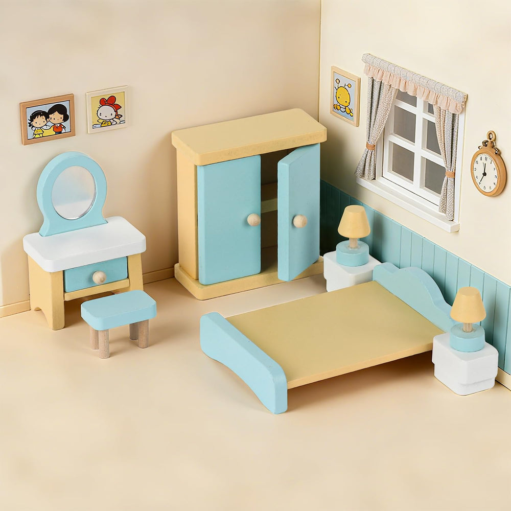 Peccvon 35PCS dollhouse bedroom featuring wardrobe and dresser for organization play