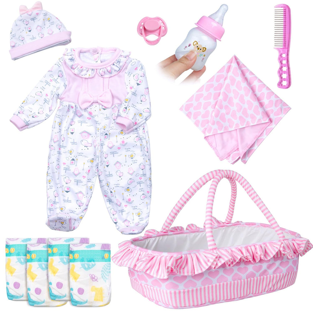 Pedolltree 11-piece reborn doll set with pink chick outfit and bassinet for interactive play
