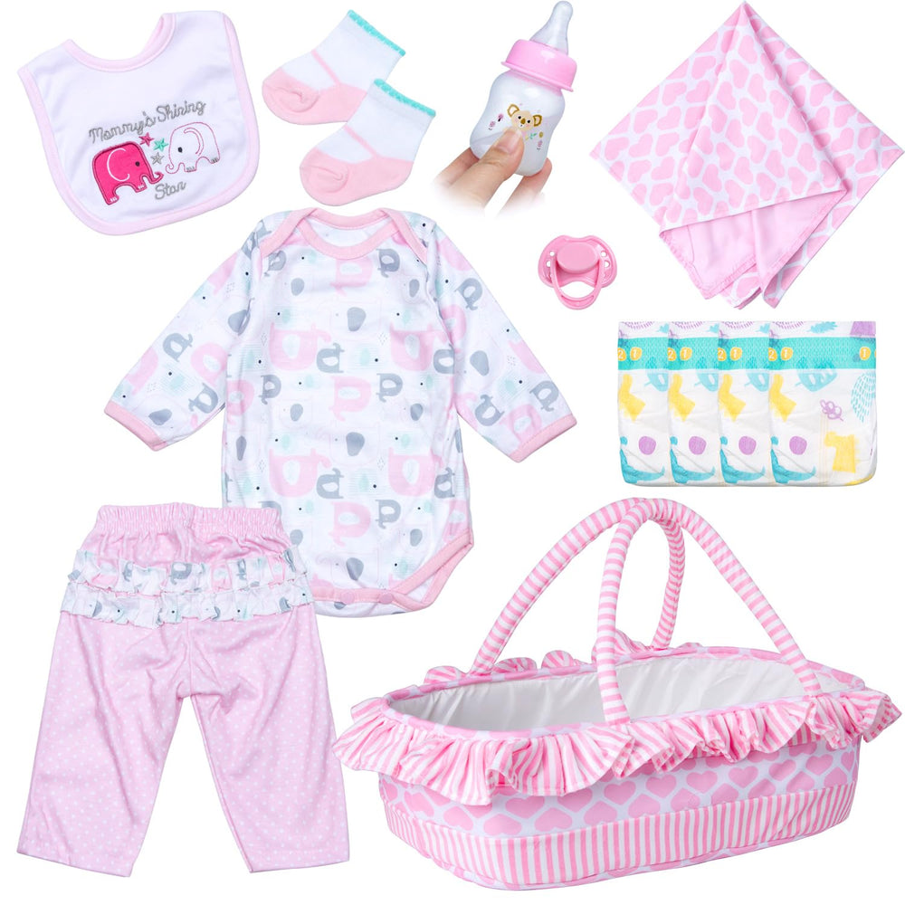 Pedolltree 12-piece pink elephant doll outfit set for 17-22 inch reborn dolls, easy-care.