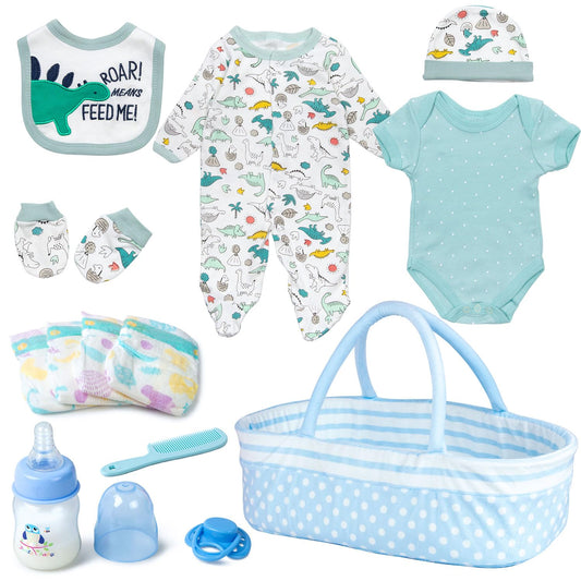 Pedolltree blue dot bassinet for 17-22 inch dolls keeps accessories organized during play.