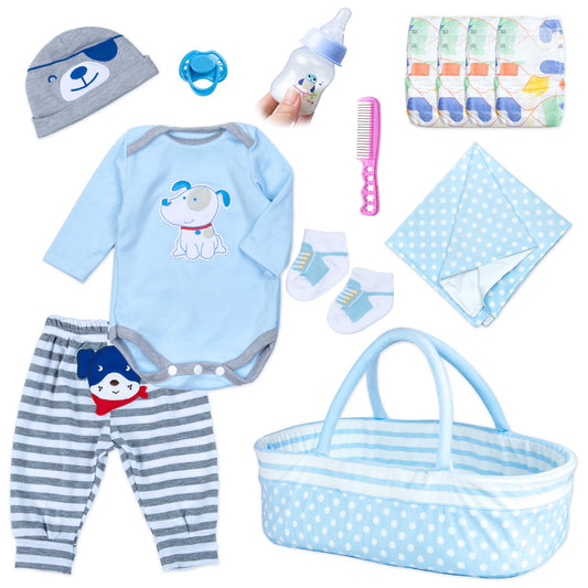 Pedolltree blue dot bassinet for reborn dolls, roomy storage and easy portability.