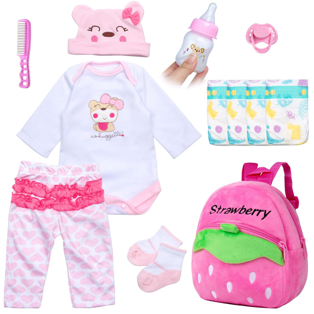 Pedolltree strawberry backpack shown with 17-22 inch reborn dolls for easy travel play