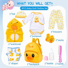Pedolltree yellow duck hat and coat for dolls, seasonal outfits.
